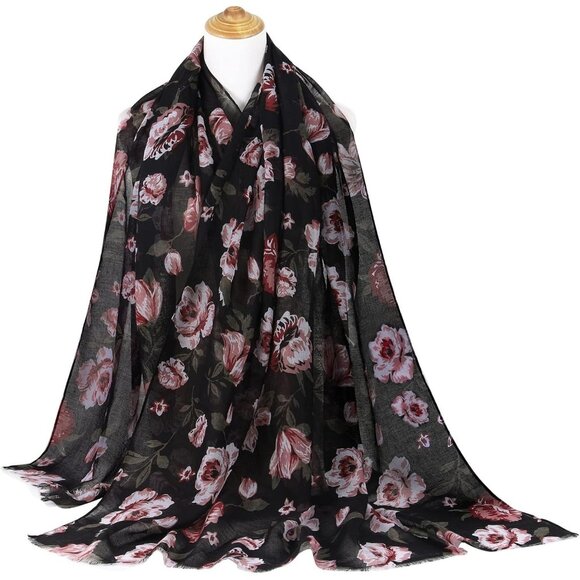 Women Black Fashion Flowers Print Scarves Winter Head Shawl Cotton Wrap - Picture 7 of 9